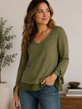 Sanctuary Olive Green Linen Blend V Neck Tie Sleeve Ruffle Hem Top XS